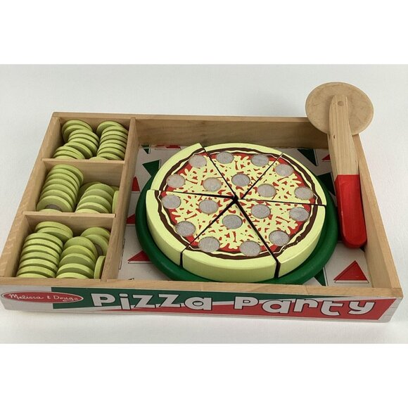 Melissa & Doug Wooden Pizza Party Mix Match Toppings Serving Tray Slicer Set